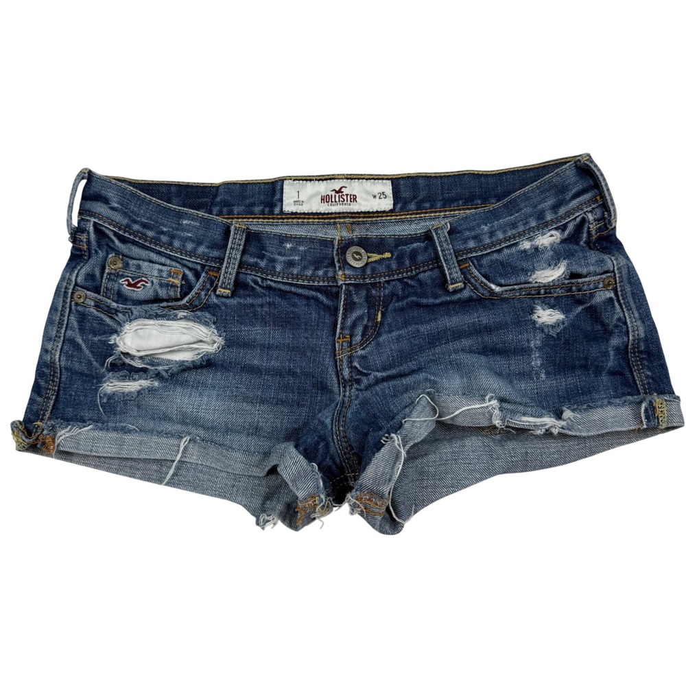 VTG Y2K Hollister Distressed Denim Micro Mini Shorts Sz 1 W25 Ultra Low Rise
